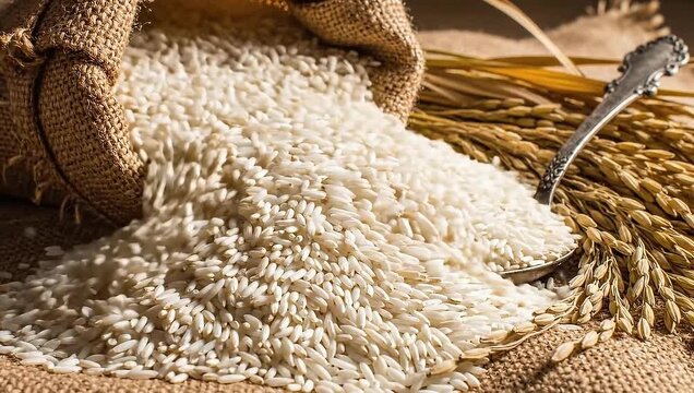 Close up video of white rice pouring from burlap sack with metal scoop and wheat.