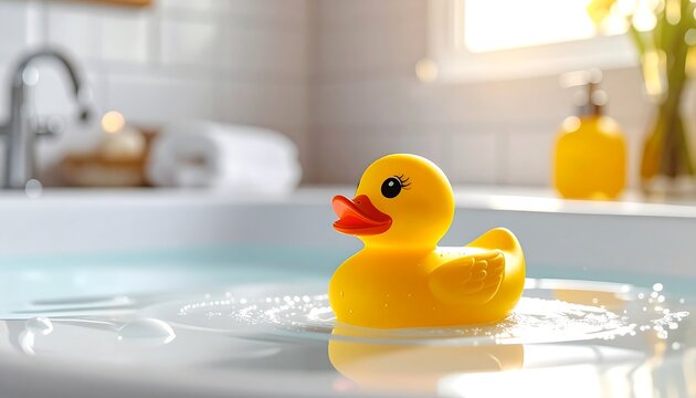 A close-up shot of a bright yellow rubber duck floating in a bathtub filled with water, near a sunny window - Powered by Adobe