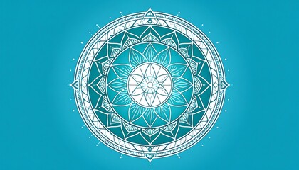 A symmetrical, circular design with intricate patterns in shades of white and teal against a soft blue gradient background