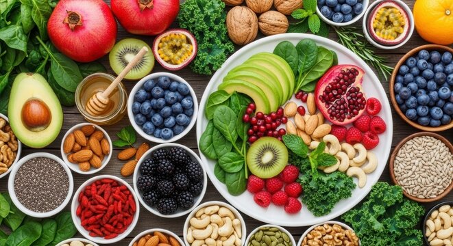 Nutritious Freshness: An array of colorful fruits, vegetables, nuts, and seeds artfully arranged to showcase healthy eating and well-being.