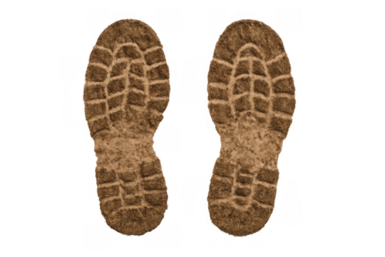 Two distinct bootprints with rough texture and deep sole treads, filled with dirt or sand. Transparent background