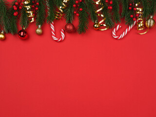 Christmas tree and toys on a red background