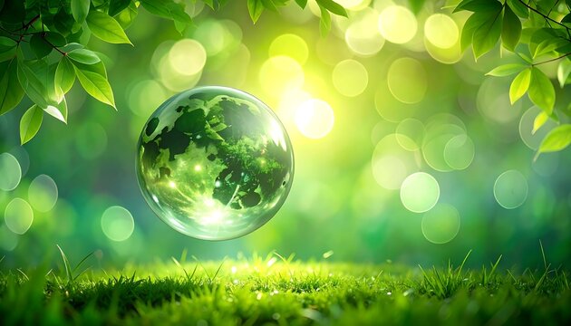 A translucent orb reflects a lush landscape, hovering above vibrant green grass, framed by foliage and soft bokeh