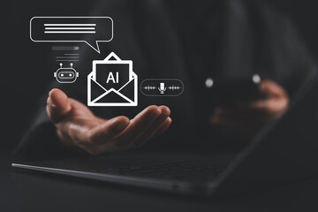 AI chatbot email assistant on smartphone used by casual user at home, managing inbox, voice input, and smart communication via mobile app technology to improve personal productivity and convenience