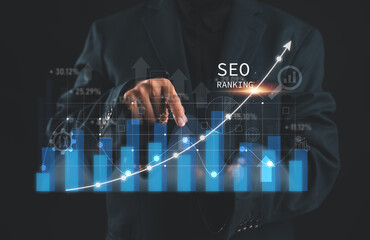 Businesswoman holds a pen pointing to a graph and shows SEO concepts, optimization analysis tools, search engine rankings, social media sites based on results analysis data.