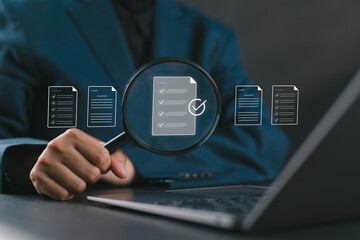 Businesswoman analyzing documents with magnifying glass and check mark icon, representing document verification, quality assurance, compliance review, and data validation process.