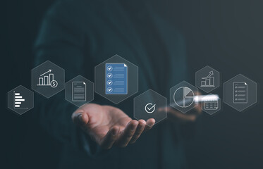 Accountant showing office document auditing concept, plan review process and assess correctness, Management of important document storage of organization, document system, accountant Audit document