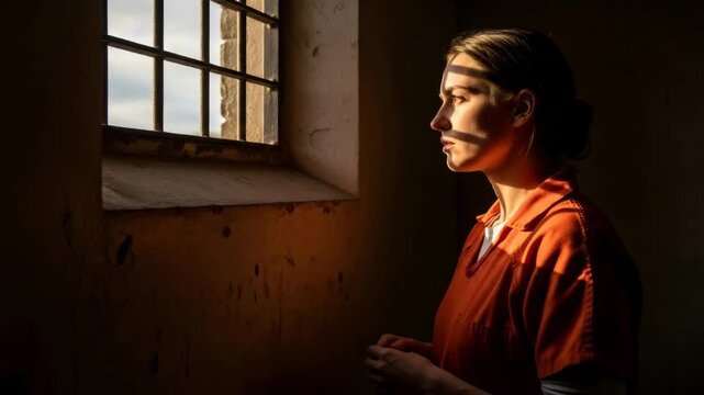 Woman in prison uniform looking out barred window, symbolizing hope and confinement in a dark cell setting.