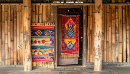 Interior view of a bamboo structure showcasing colorful woven textiles.