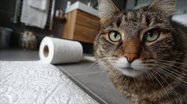 Cat staring directly at camera with roll of toilet paper unrolling on bathroom floor background