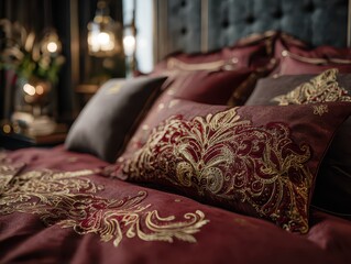 Naklejka premium Experience luxury with a richly embroidered burgundy bedspread and pillows. Elegance meets comfort for a serene escape. Indulge in plush.