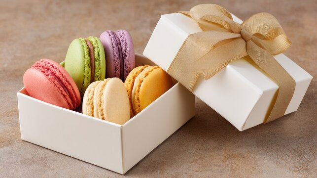 Colorful macarons filling elegant gift box with golden ribbon