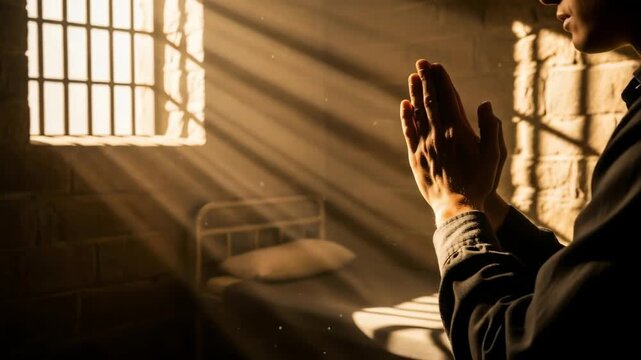 Man in prison praying with clasped hands by a barred window in a cell. Solitude and hope concept for redemption.