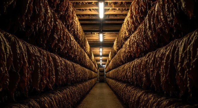 Dense rows of large tobacco leaves suspended on wooden rafters in a dimly lit, dusty aging facility preparing for cigar production ,leaves ,storage ,stogie