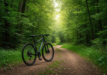 Fototapeta premium Mountain bike resting on a winding dirt path deep within a vibrant green forest, emphasizing adventure and outdoor recreation in wilderness areas, hobby, pathfinding, explore