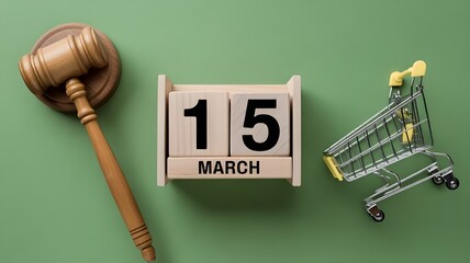 MARCH 15 and shopping cart and judge gavel concept of world consumer rights day