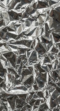 Highly detailed abstract background featuring a deeply wrinkled metallic silver foil texture with bright reflections and shadows, metallic, texture, structure