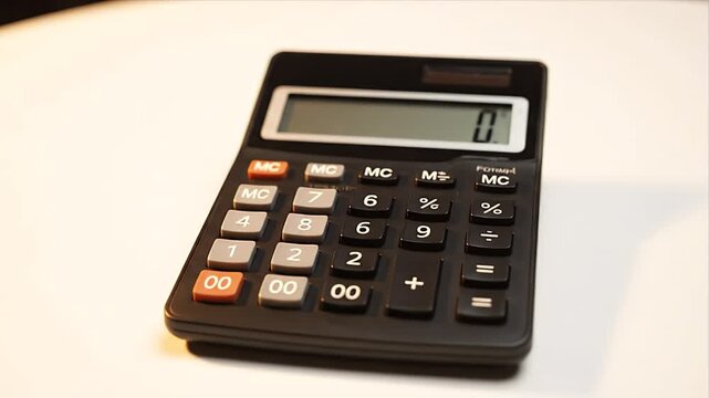 Close-up of a black calculator on a white background. The display shows zero. Perfect for finance, accounting, or mathematics concepts