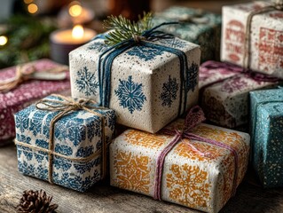 Colorful Gift Boxes with Snowflake Designs on Rustic Wooden Surface