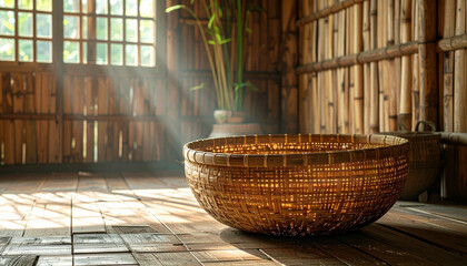 Woven basket sits on a wooden floor in a rustic room with bamboo walls, illuminated by sunlight streaming through a window.