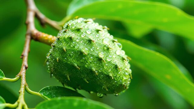 Soursop Fruit Growing on Tree Branch with Water Droplets Closeup