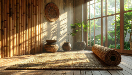 A serene interior space with natural light, bamboo, and yoga mat.