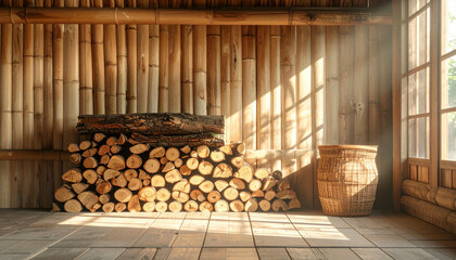 Stacked firewood beside a woven basket in a rustic, sunlit room with bamboo walls and a wooden floor.