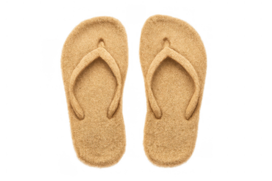 Pair of sand flip-flops representing summer vacation and beach travel on a transparent background