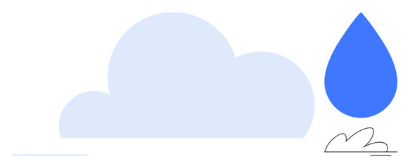 Cloud and blue raindrop with minimal landscape elements. Ideal for weather, environment, nature, sustainability, water resources, climate change, meteorology themes. Simple flat metaphor