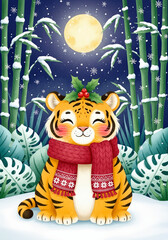 Naklejka premium Cartoon tiger in a winter forest scene with bamboo and snow. A delightful illustration of joy and festivity. . Lunar New Year, holiday spirit, zodiac animal.