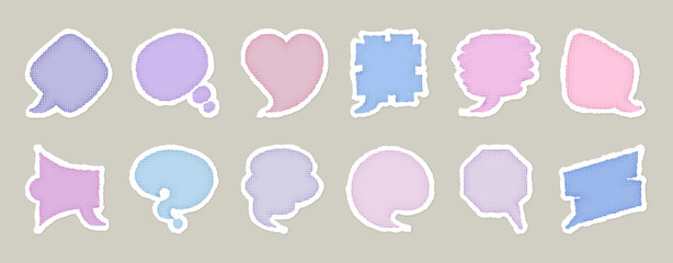 Speech bubble set. Sticker with torn paper edge and dots textured in pastel tone. Heart, megaphone, question mark, message dialog cloud, talk in chat, irregular shapes, cut out layered overlapping