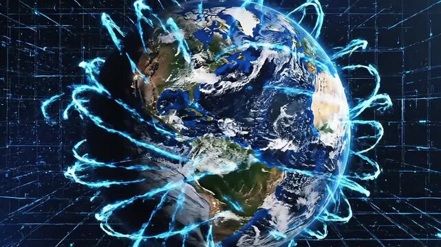 3D Earth Rotating with Glowing Connection Lines and Blue Tech Background