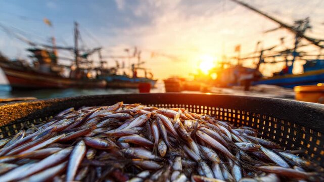 Fresh catch at sunset with fishing boats in the background along the coast