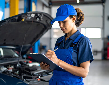 Focused woman auto technician in uniform completing a vehicle inspection checklist at a service garage, with a car's hood open.