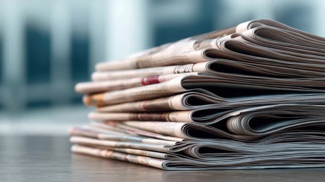 Stacked newspapers waiting for readers in a modern office environment during daytime