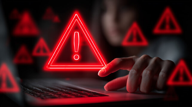 Hand reaching toward an alert icon near a laptop, illustrating a security warning and immediate risk response while conveying the concept of threat detection, user awareness