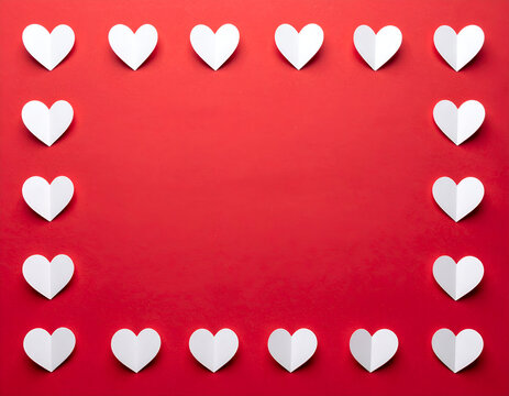 White paper hearts form a frame on a vibrant red background, creating a romantic backdrop with copy space for messages of love and affection. - Powered by Adobe