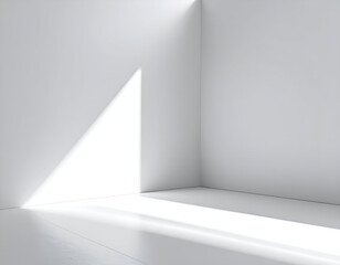 Fototapeta premium Clean, empty white room corner illuminated by a striking triangular beam of light, forming abstract shadows. Ideal for modern backgrounds and copy space.