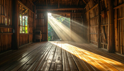 Sunlight streams through the open doorway of a rustic wooden structure, illuminating the interior.