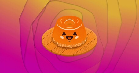 Displaying cartoon-style orange flan pudding smiling on round wooden board, with gradient backdrop
