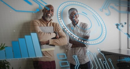 Two African American men wearing business attire in office, with laptop on desk, plant, AR overlays