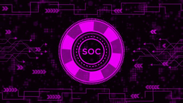 Soc security operations center concept futuristic technology hud interface element purple glowing circle with soc text in the center abstract background with circuit board and arrows