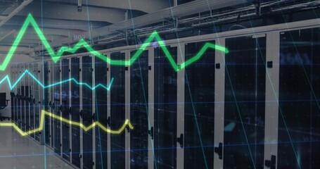 Extending server racks in data center room, with locking doors, overhead ducts and neon line graphs