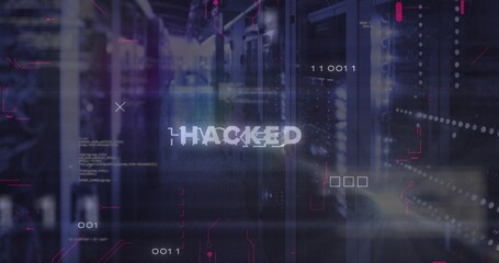 Flashing glitch-style HACKED over racks in dim data center corridor with code overlays