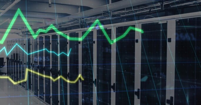 Extending server racks in data center room, with locking doors, overhead ducts and neon line graphs