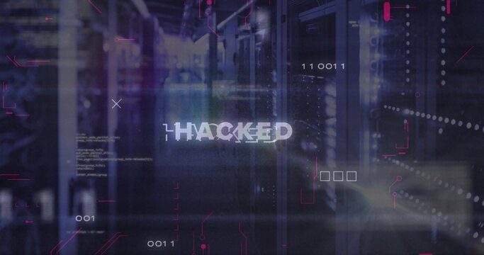 Flashing glitch-style HACKED over racks in dim data center corridor with code overlays