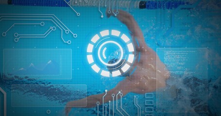 Executing front crawl swimmer cutting through pool underwater, with lane divider, HUD code overlays