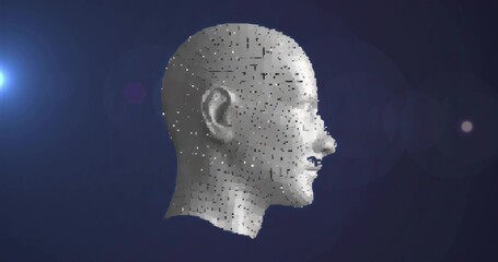Obraz premium Rendering 3D head profile forming from cubic particles in virtual space, with lens flares
