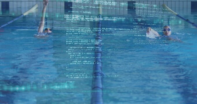 Swimming two women performing laps in aquatic center pool, with swim caps, goggles and code overlay