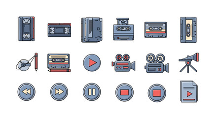 A collection of modern, flat-design outline icons representing video and audio recording technology, including VHS tapes, cassette tapes, film reels, cameras, play, pause, stop buttons, and a